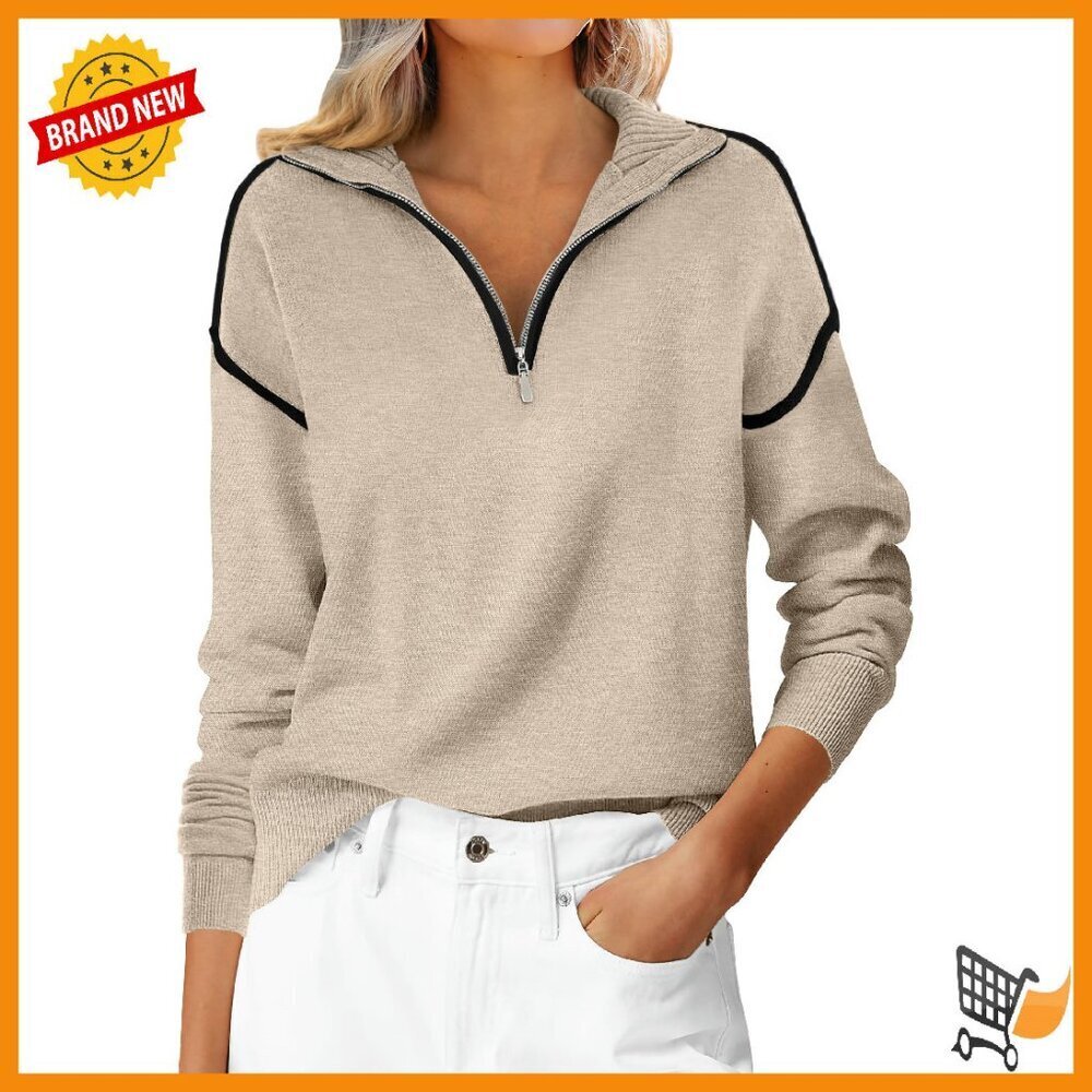Quarter Zip Knit Sweater Loose Fit Business Casual Top Long Sleeve